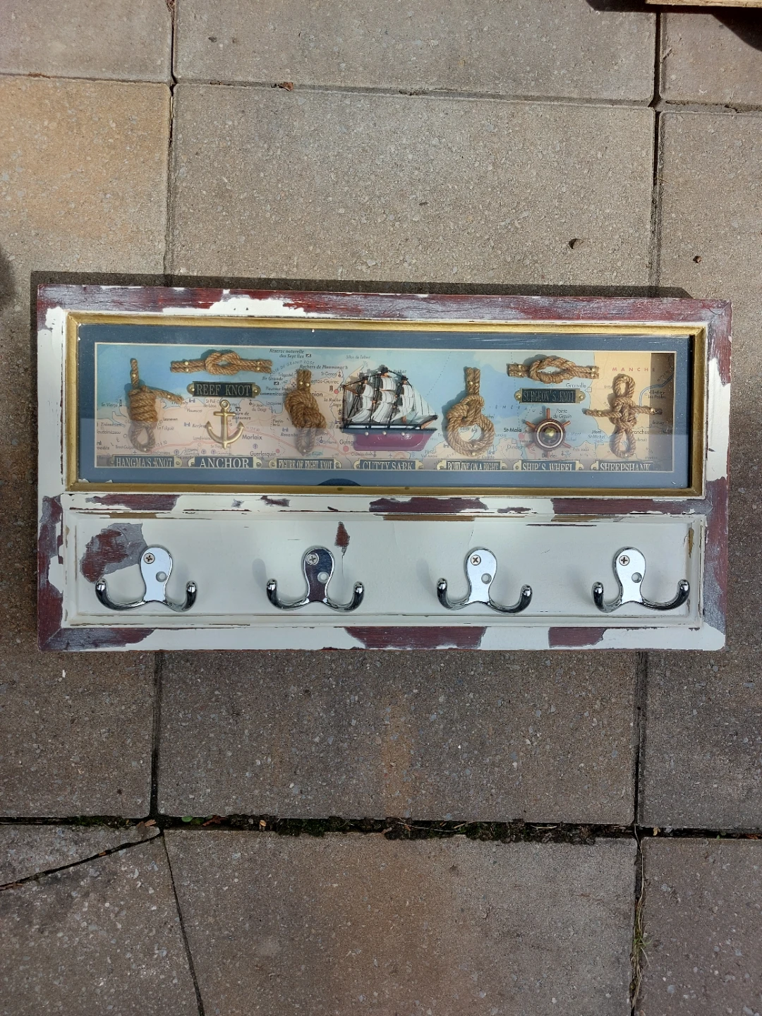 Nautical Themed Wall Coat Rack with Map and Ship Art
