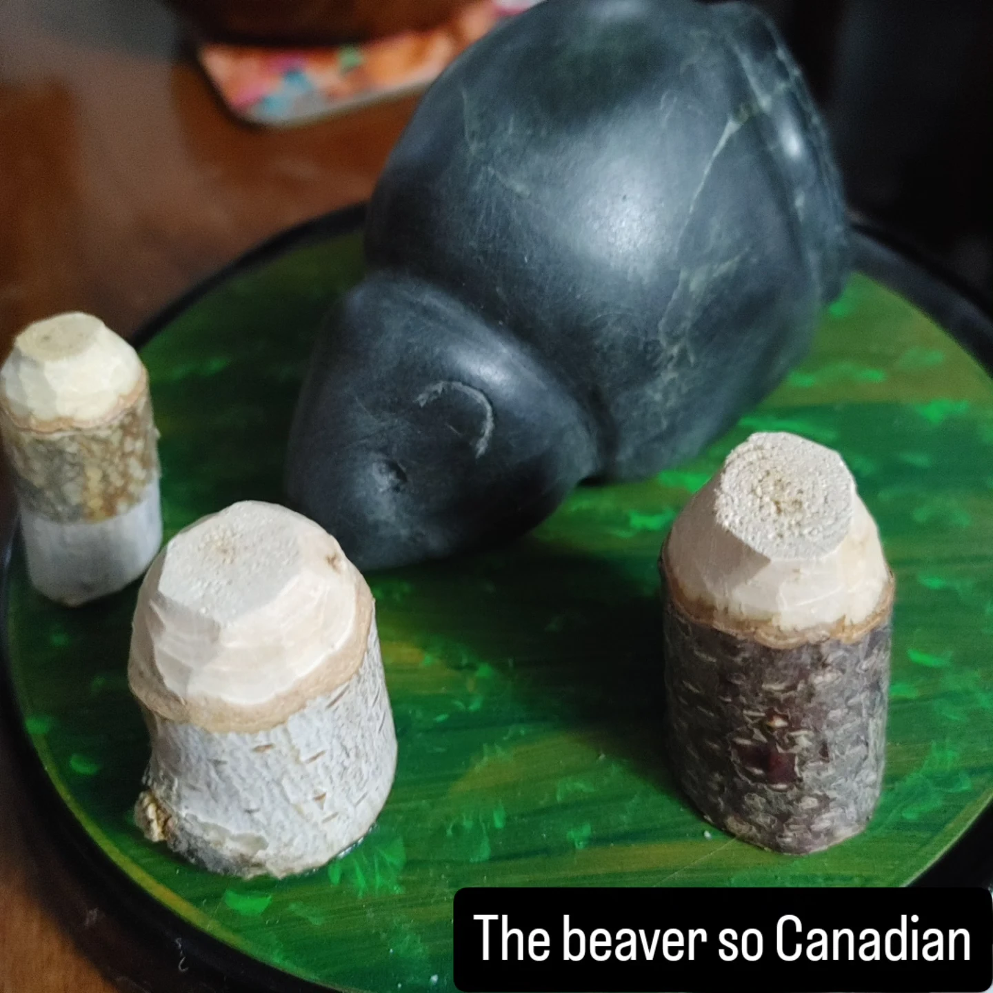 Hand-carved Stone Beaver and Wood Totems