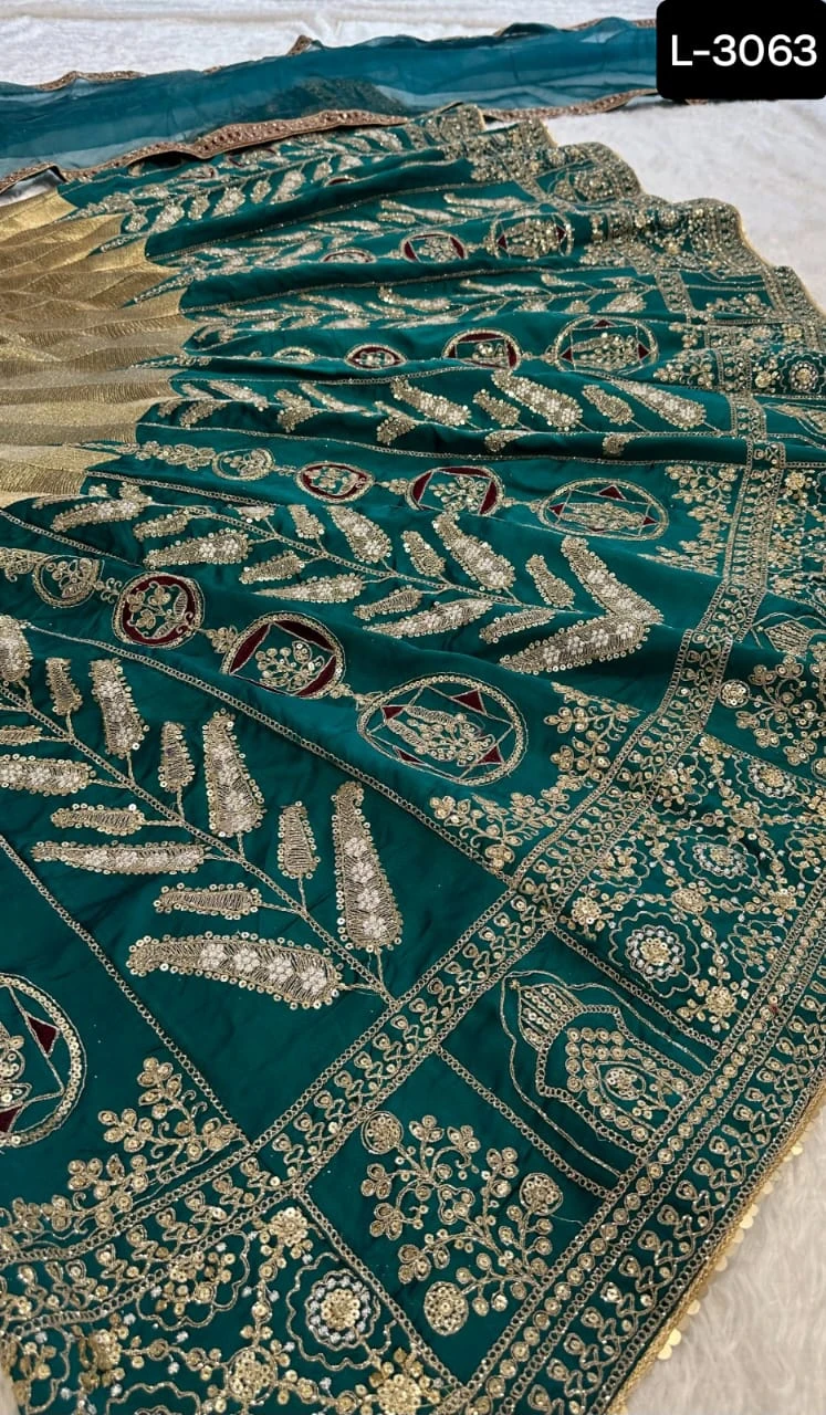 Teal and Gold Embroidered Lehenga Choli Set - photo 3