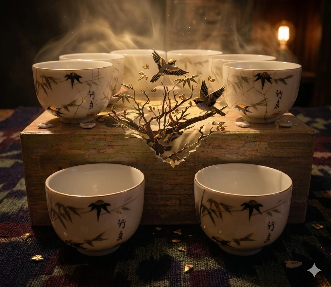 Set of 6 Ceramic Tea Cups with Bamboo Design