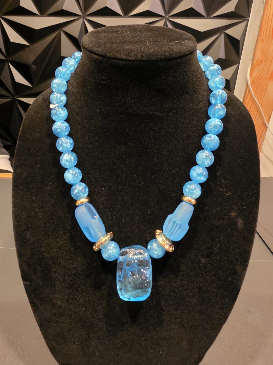 Blue Beaded Necklace with Large Pendant