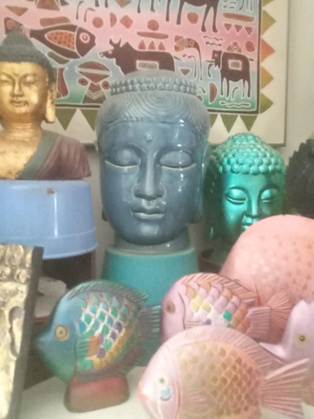 Blue Ceramic Buddha Head Statue