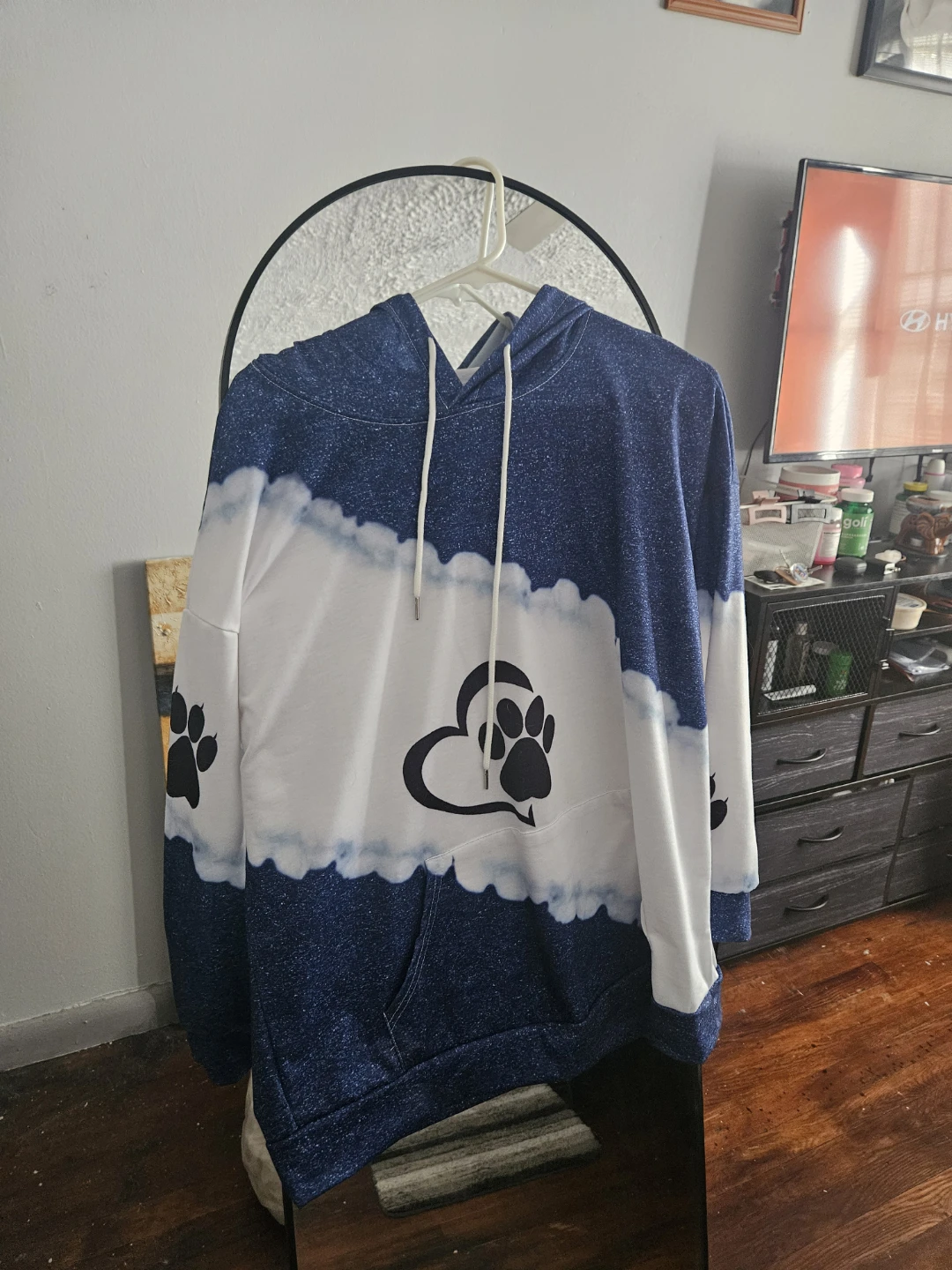 Blue and White Tie-Dye Hoodie with Paw Print Heart Graphic - photo 3