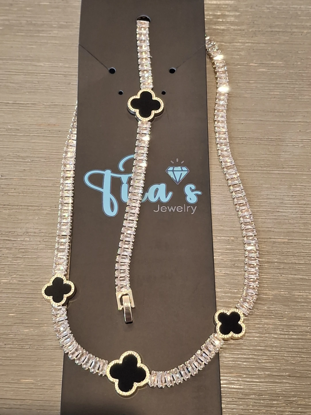 Gold Clover Necklace and Bracelet Set with Rhinestones
