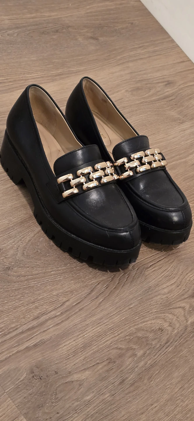 Antonio Melani Black Loafers with Gold Chain Detail