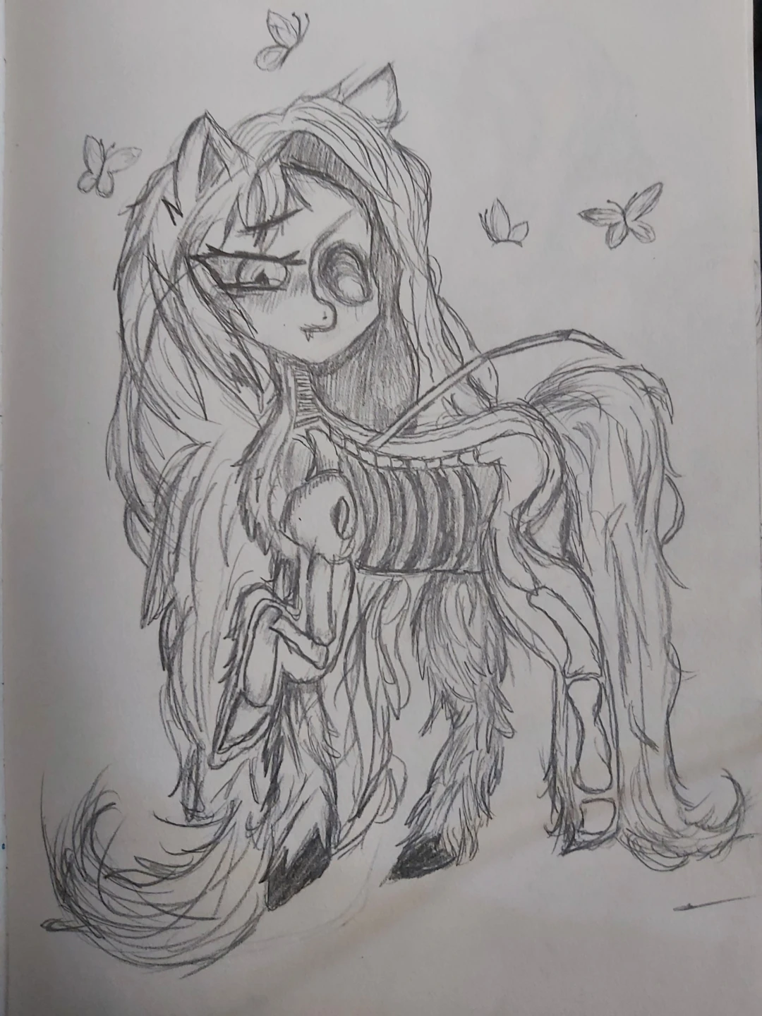 Pencil Sketch of a Gothic Pony with Butterflies