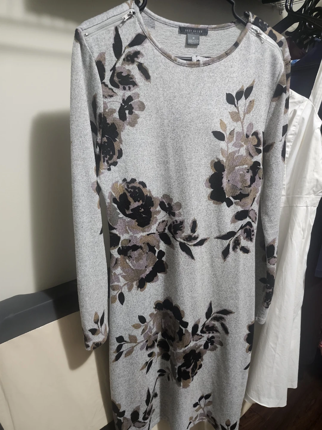 Suzy Shier Grey Floral Long Sleeve Dress - Size M