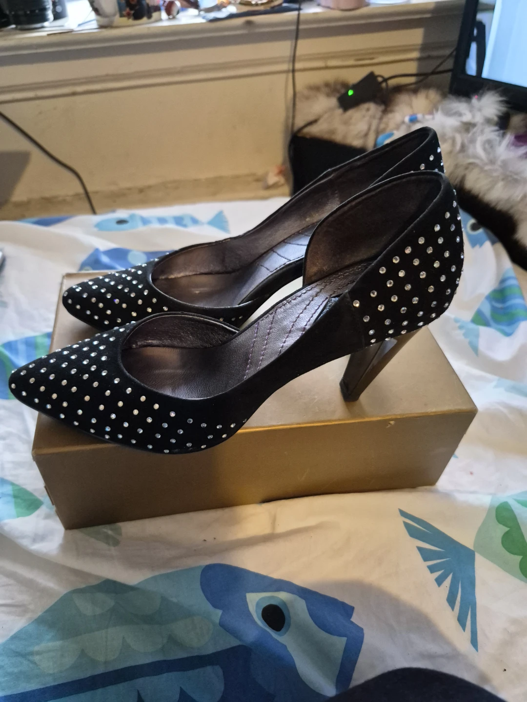 Black Suede Heels with Rhinestone Embellishments