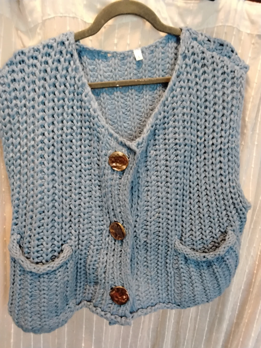 Blue Chunky Knit Button-Up Vest