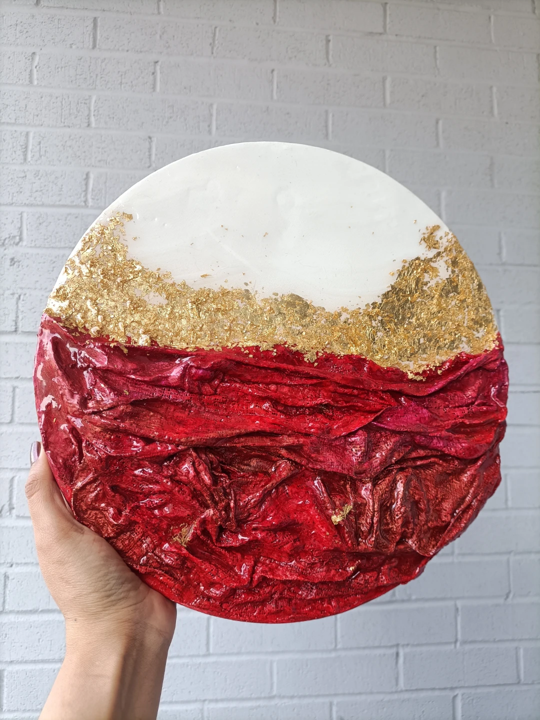 Circular Mixed Media Wall Art - Red Fabric texture - photo 4