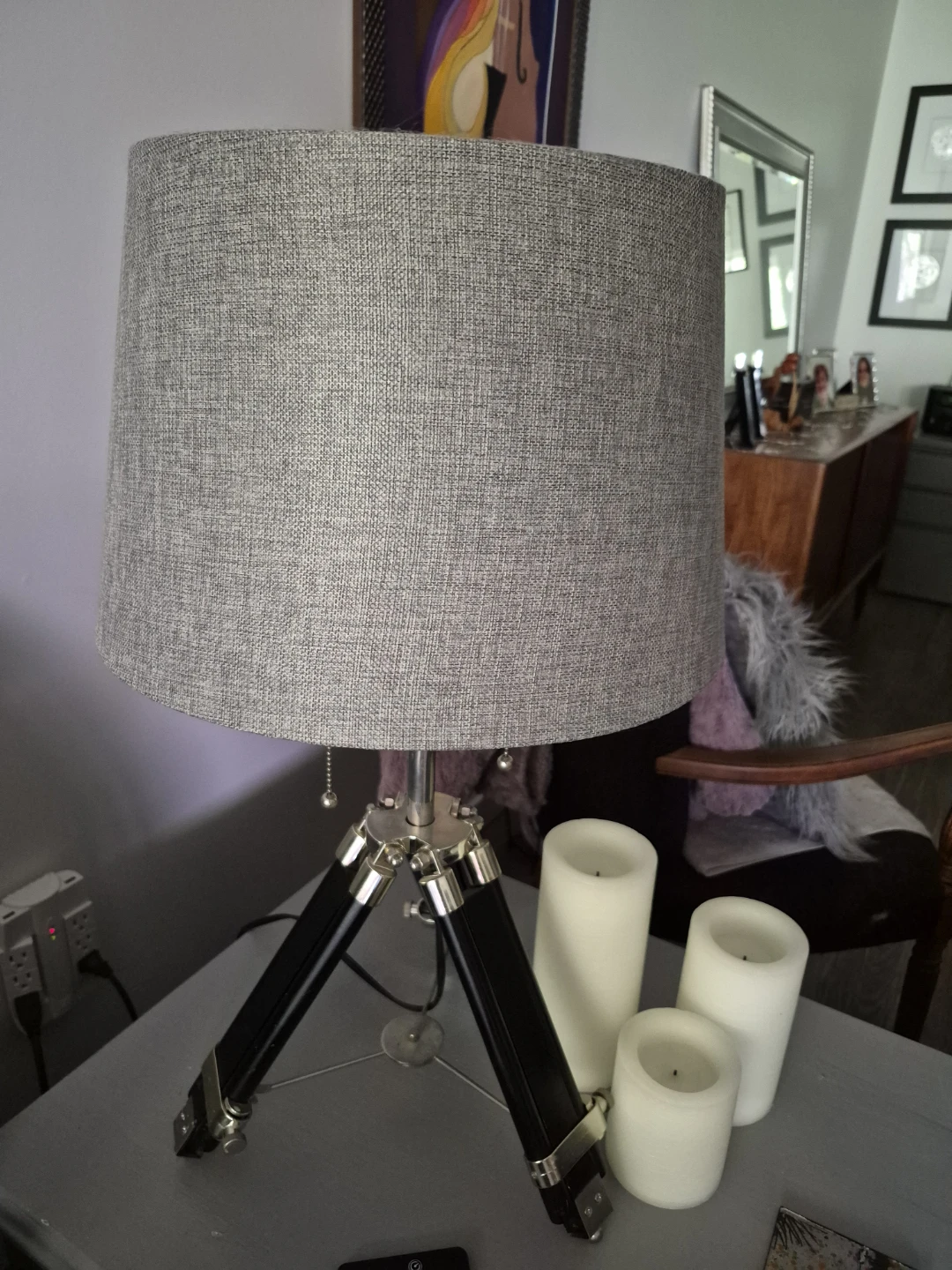 Tripod Table Lamps with Grey Drum Shades