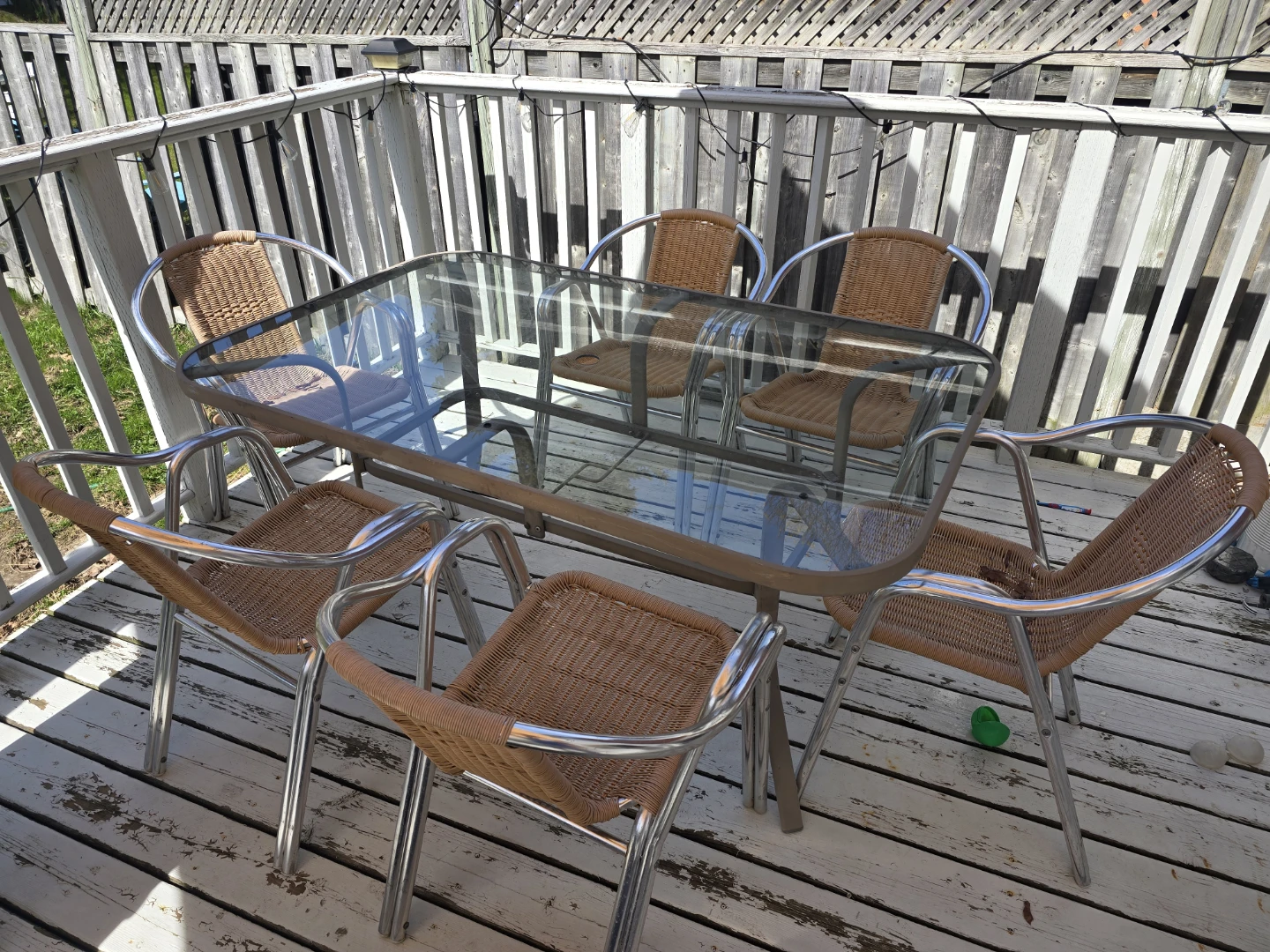 Glass Top Patio Dining Set with 6 Wicker Chairs