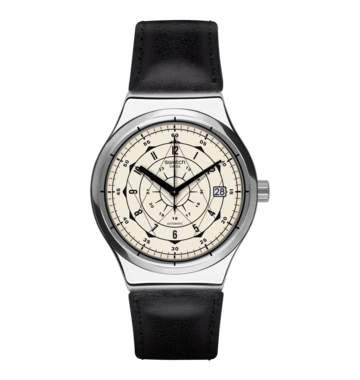 Swatch Automatic Watch with Black Leather Strap
