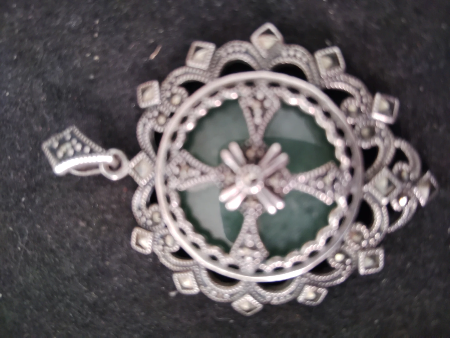 Vintage Sterling Silver Jade Pendant with Marcasite