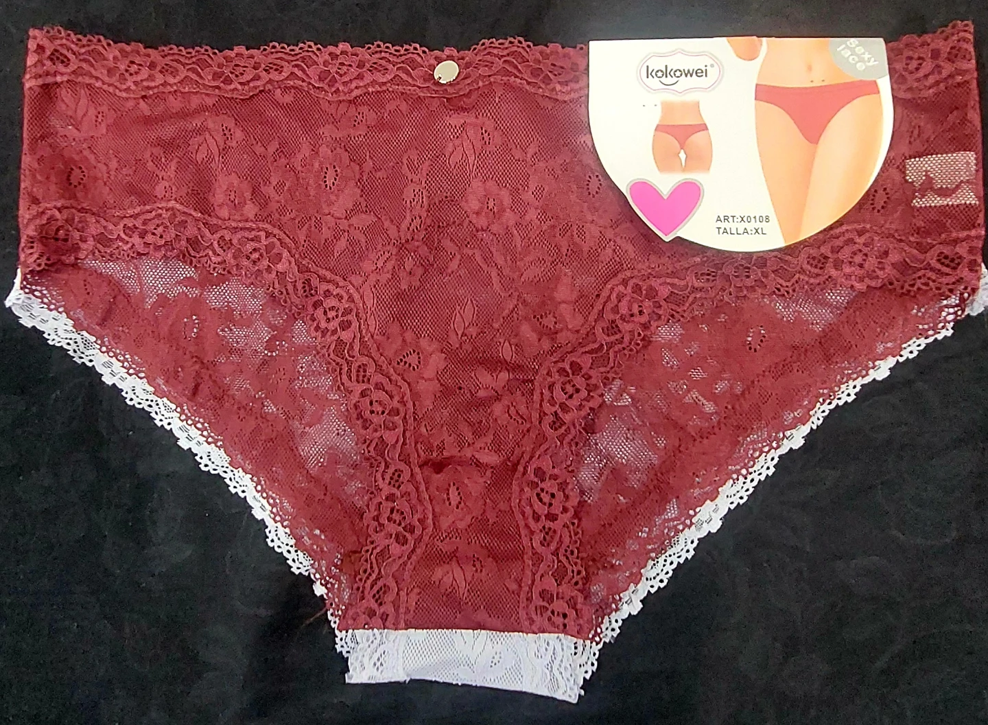Kokowei Women's Lace Hipster Panties XL Burgundy