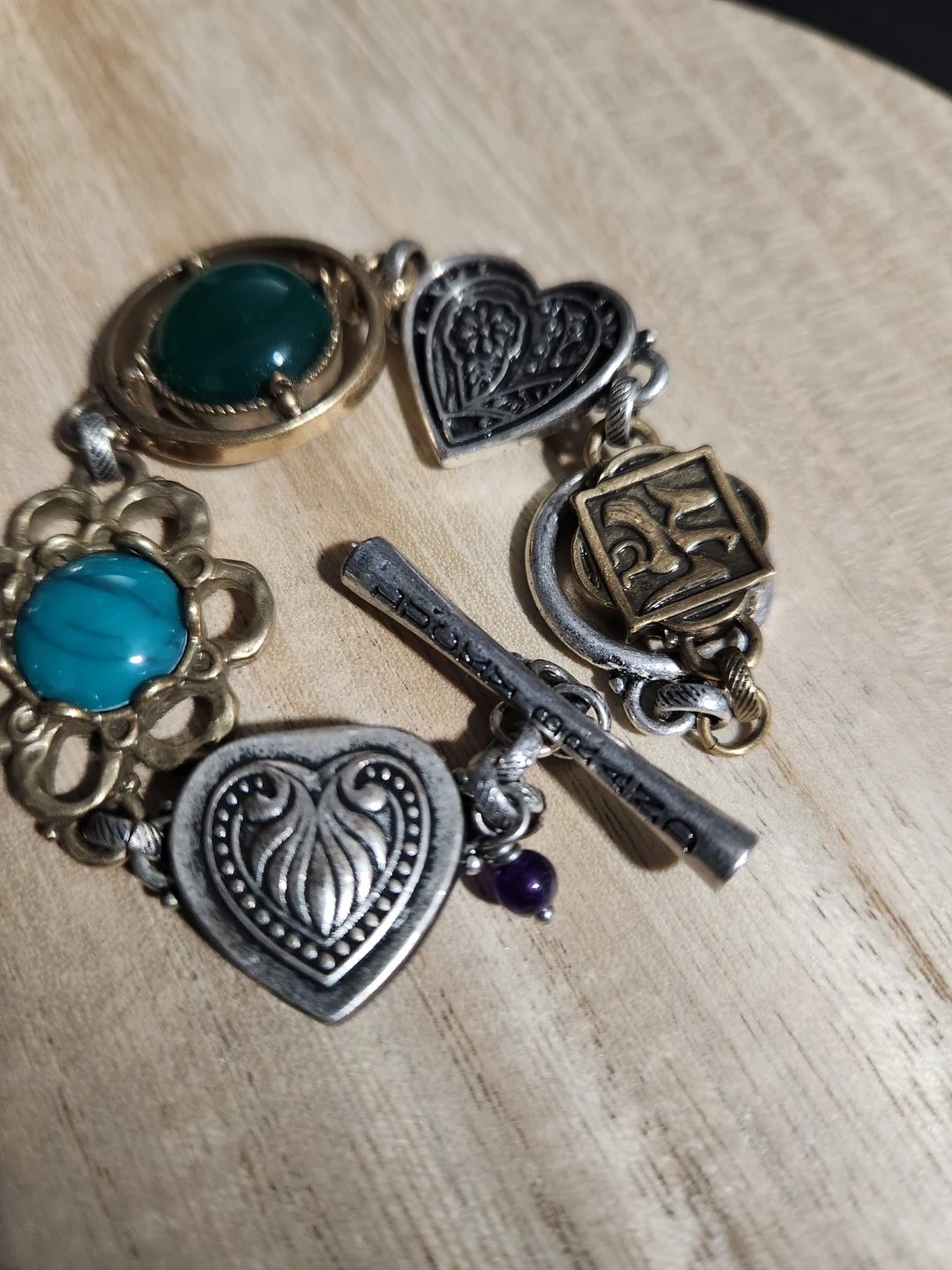 Vintage Charm Bracelet with Green and Blue Stones