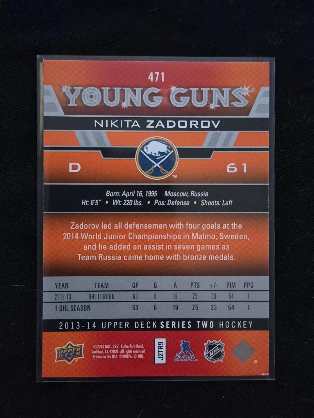 2013-14 Upper Deck Nikita Zadorov Young Guns Hockey Card - photo 2