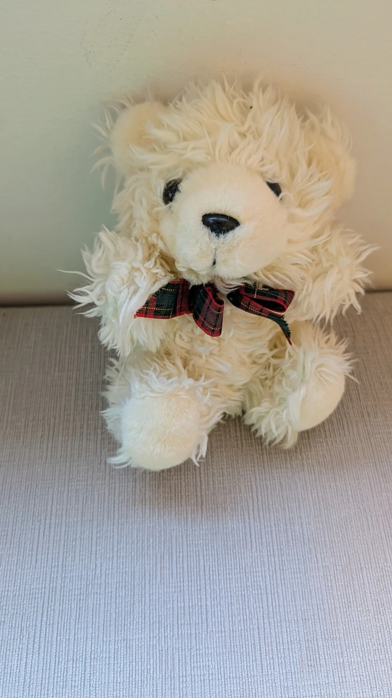 Cream Teddy Bear with Plaid Bow