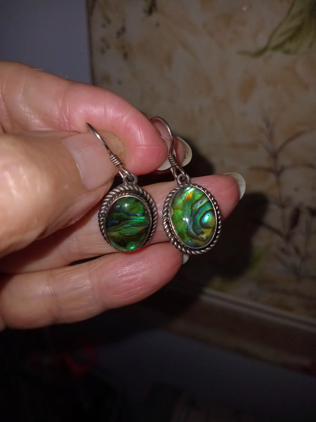 Silver Oval Abalone Shell Dangle Earrings