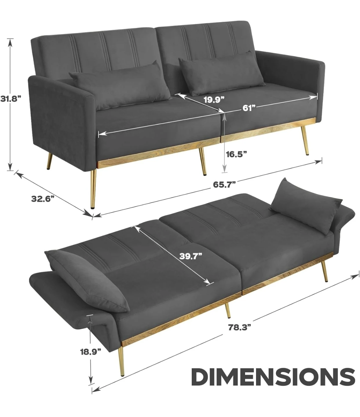 Gray Velvet Futon Sofa with Gold Legs