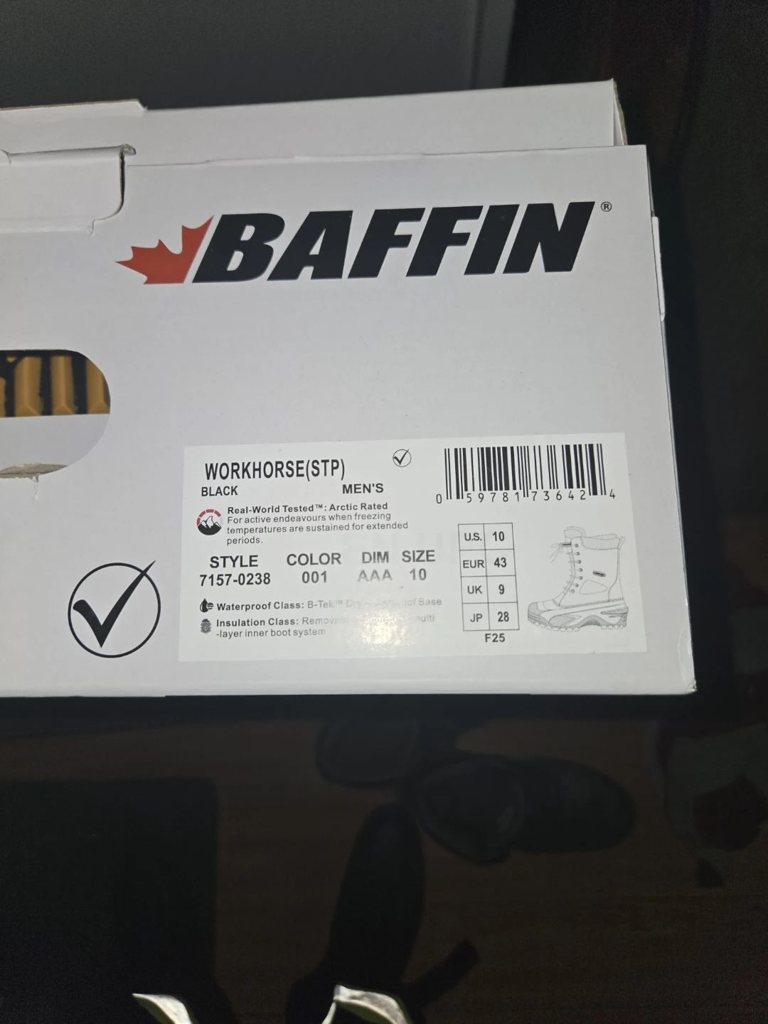 Baffin Workhorse (STP) Men's Black Winter Boots Size 10