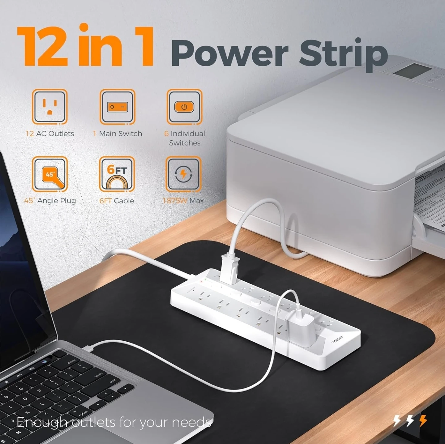 New TESSAN 12-Outlet Power Strip with 6 ft Cord - photo 2