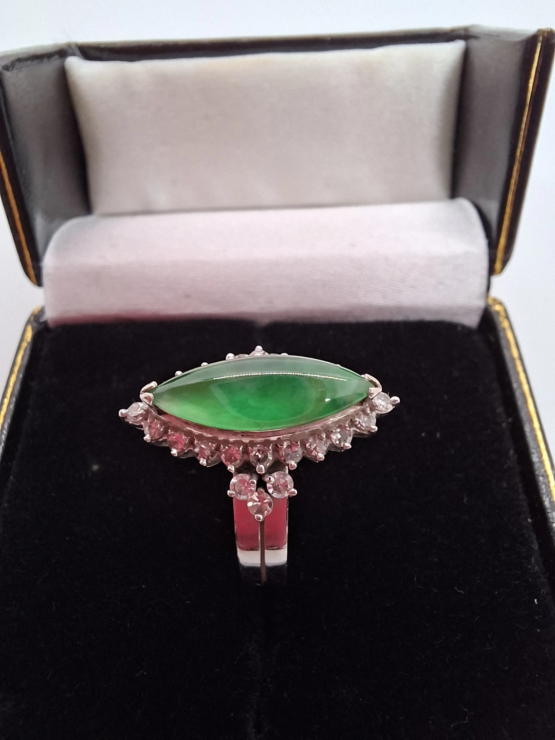 Vintage 18K White Gold Jadeite and Diamond Halo Statement Ring - photo 3