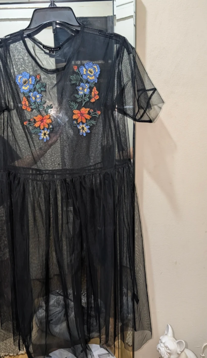 Black Sheer Mesh Dress with Floral Embroidery