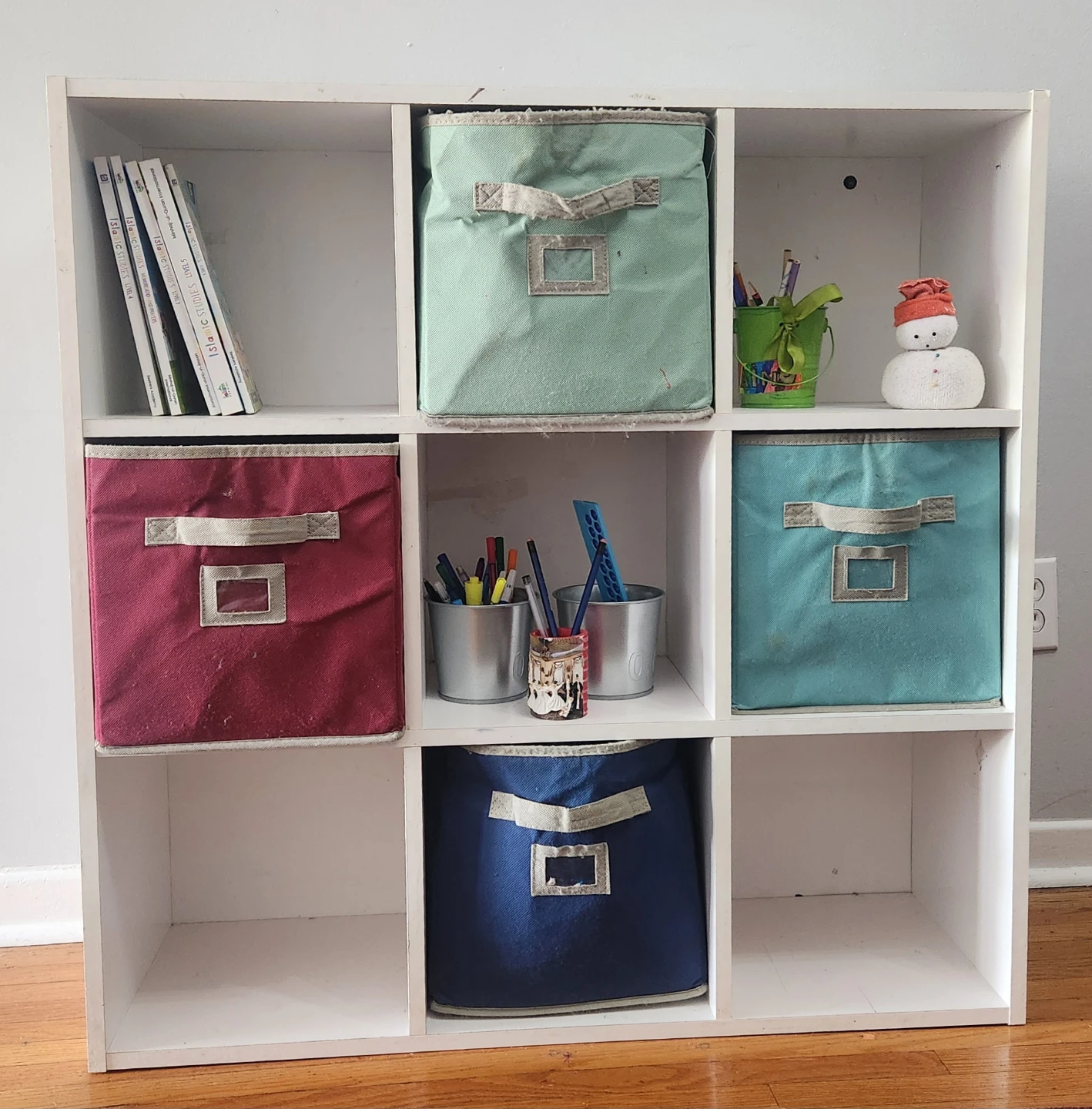 White 9-Cube Storage Unit with Fabric Bins