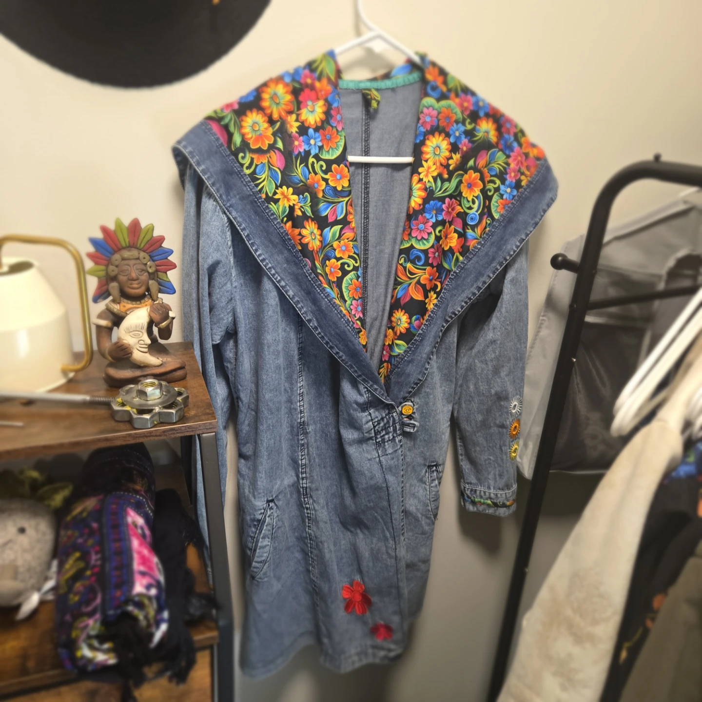 Denim Jacket with Vibrant Hood Lining