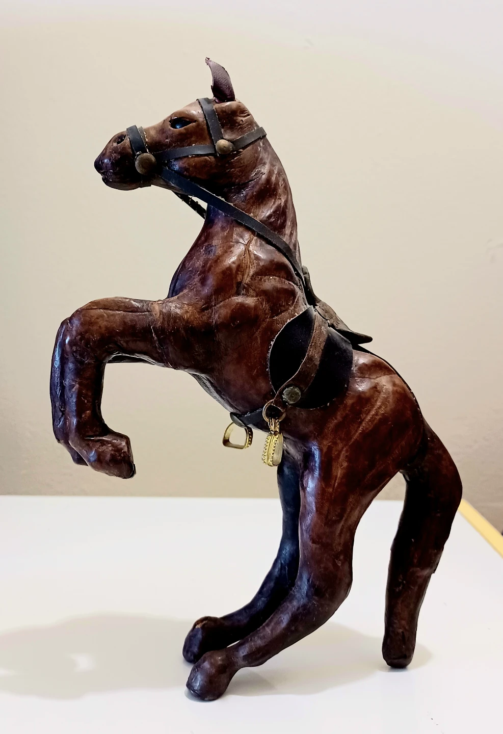 Vtg.Handmade Leather Prancing Horse Statue
