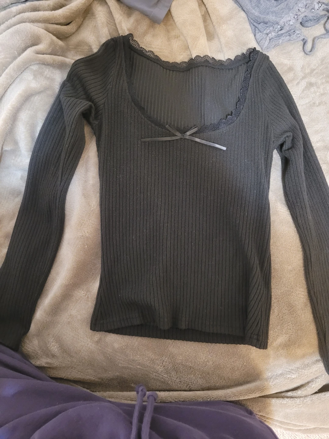 Black Ribbed Long Sleeve Top with Lace Trim and Bow