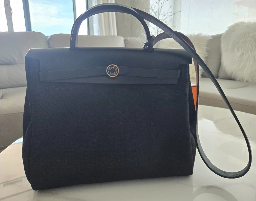 Hermès Black Canvas & Leather Shoulder Bag