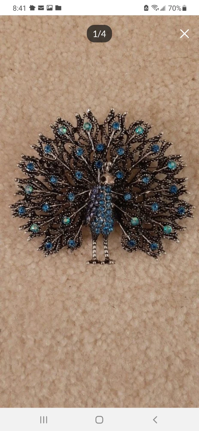 Peacock Brooch with Blue Rhinestones