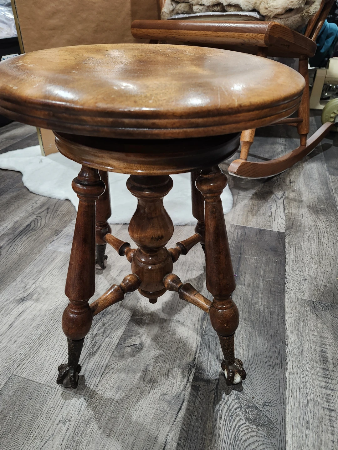 Antique Wooden Piano Stool with Claw Feet