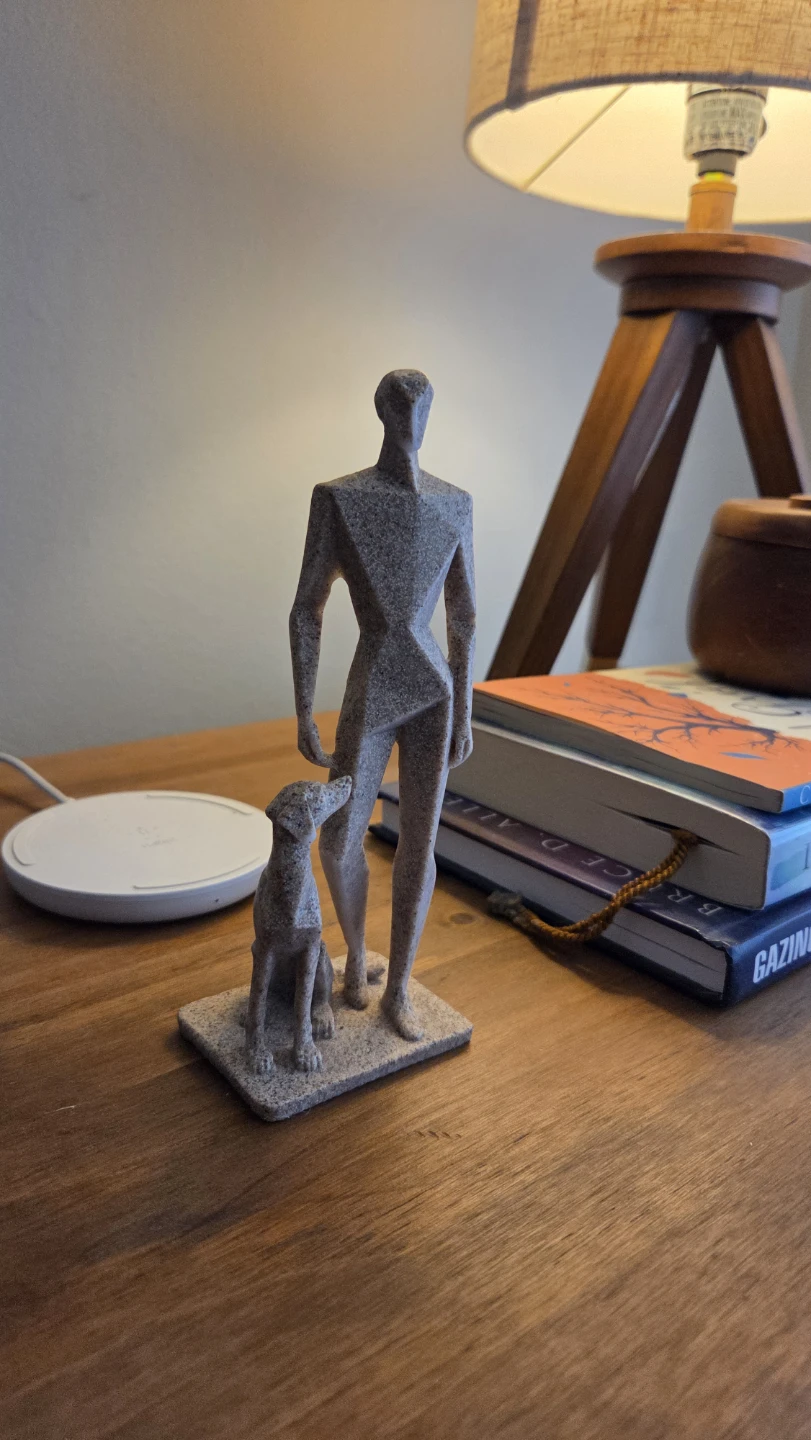 Fine Man & Dog Sculpture – Stone-Finish Figurine *new