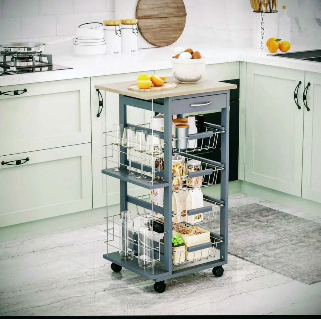 🏆 🏆 Grey Kitchen Cart with Drawer and 4 Baskets - photo 4
