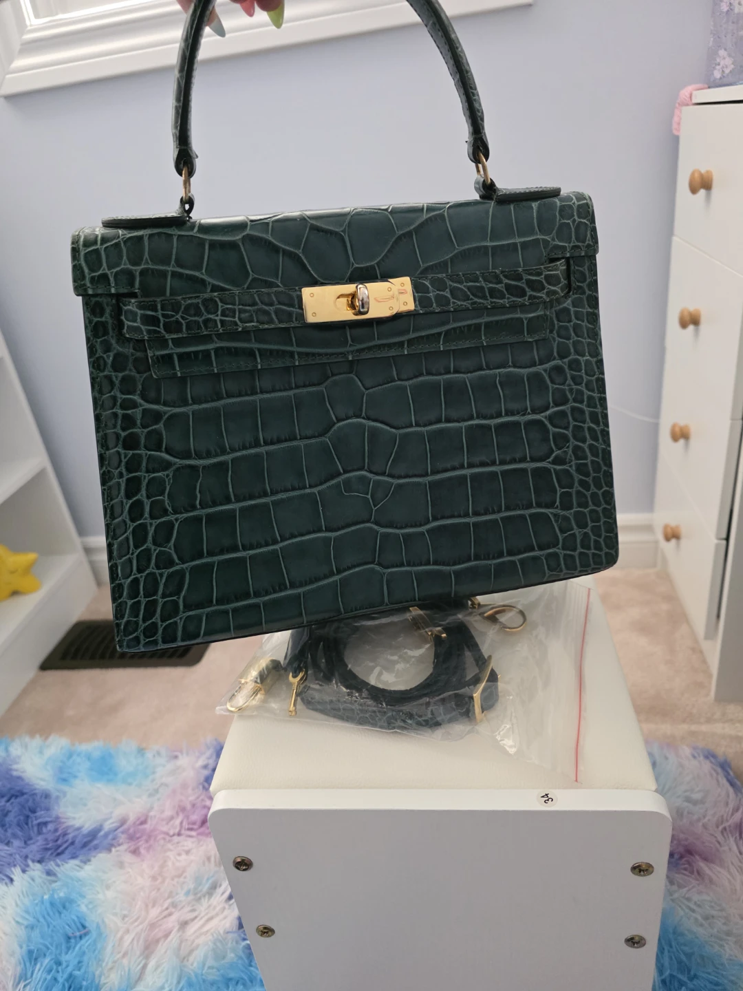 Green Croc-Embossed Top Handle Handbag - photo 2