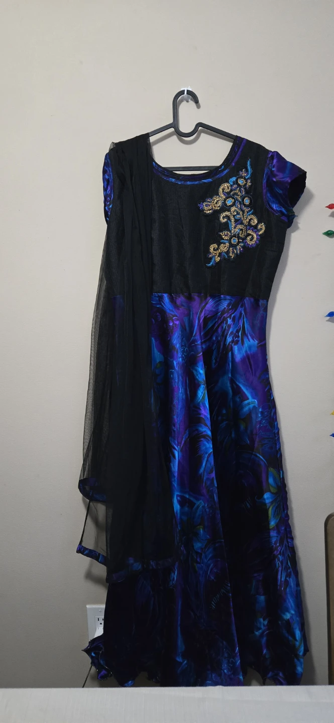 Women's Blue and Purple Floral Dress with Black Overlay - photo 2