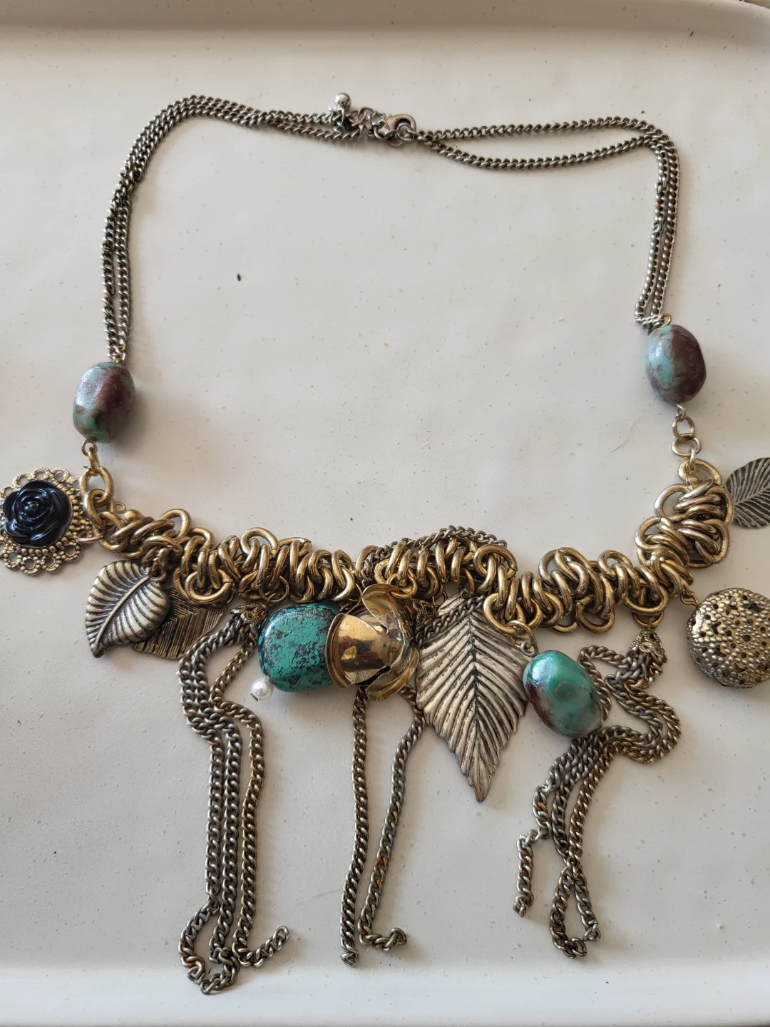 Boho Charm Necklace with Turquoise and Leaf Accents
