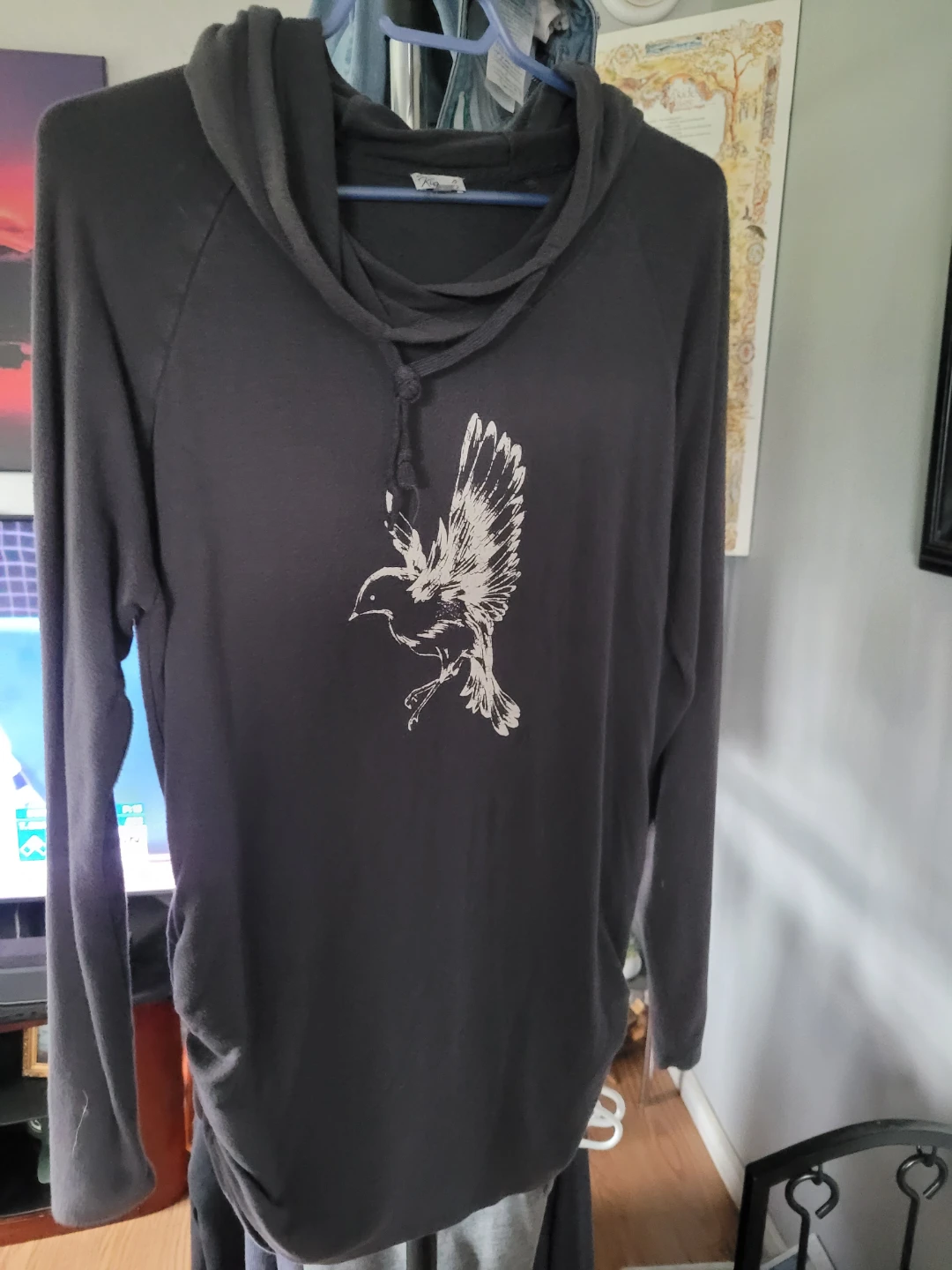 Kismet Grey cowl neck long sleeve shirt with bird graphic