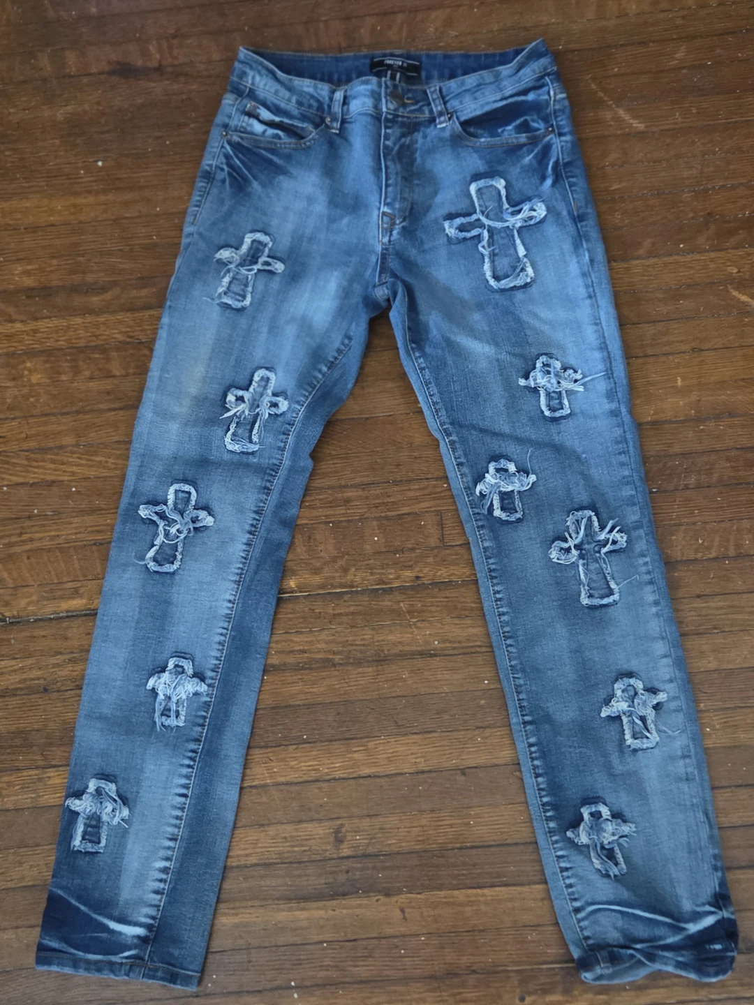 Blue Denim Jeans with Cross Patches - photo 2