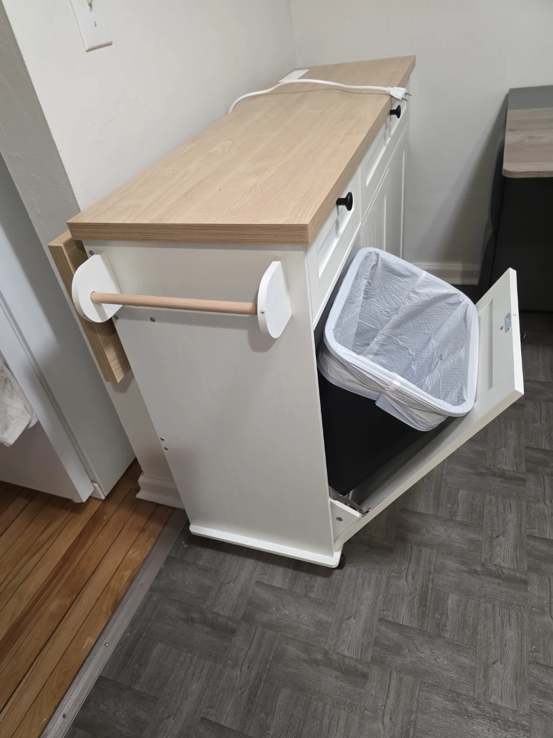 Kitchen Island Cart with Trash Can and Power Outlet - photo 4