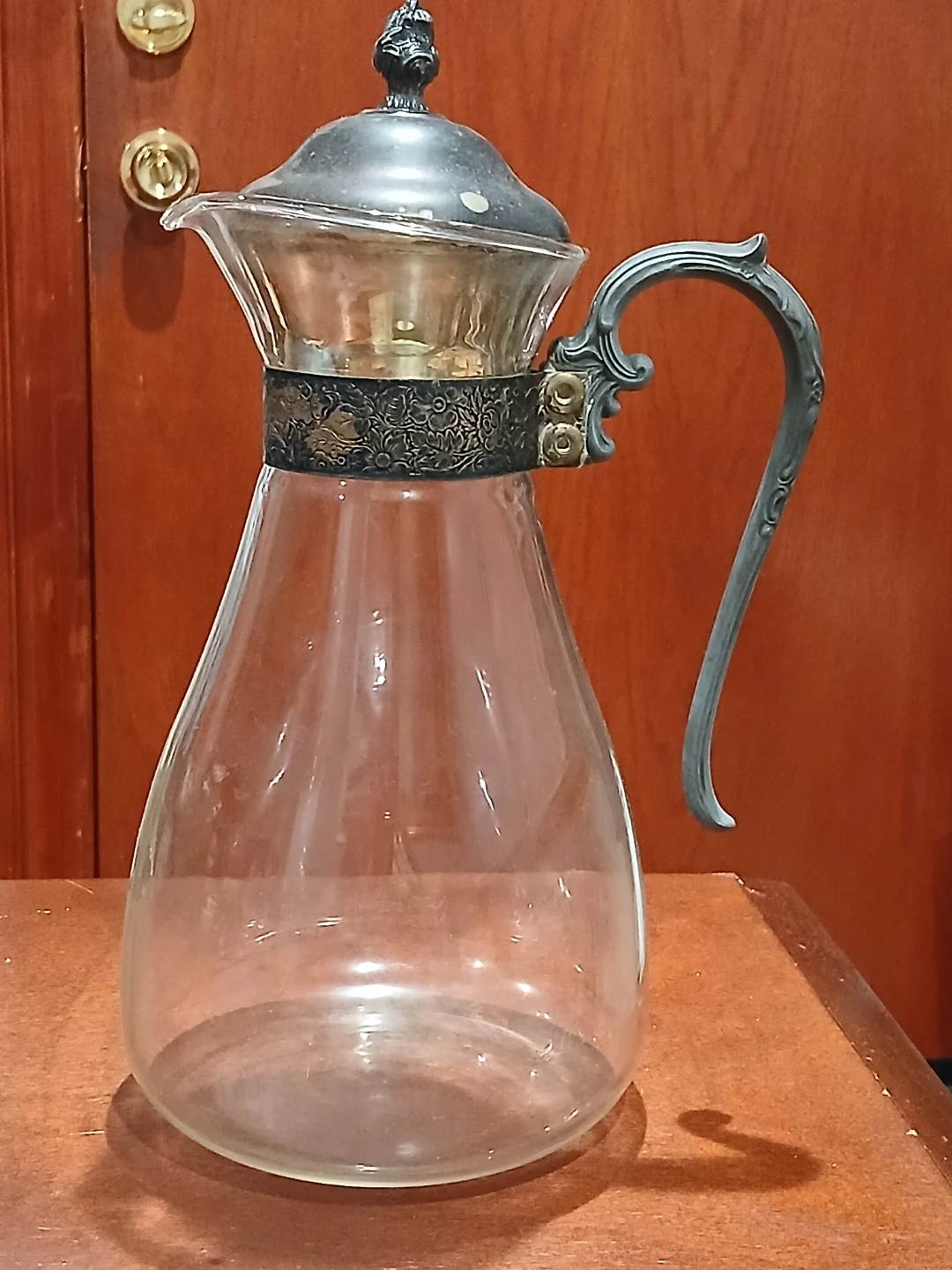 Vintage Glass Pitcher with Metal Handle and Lid