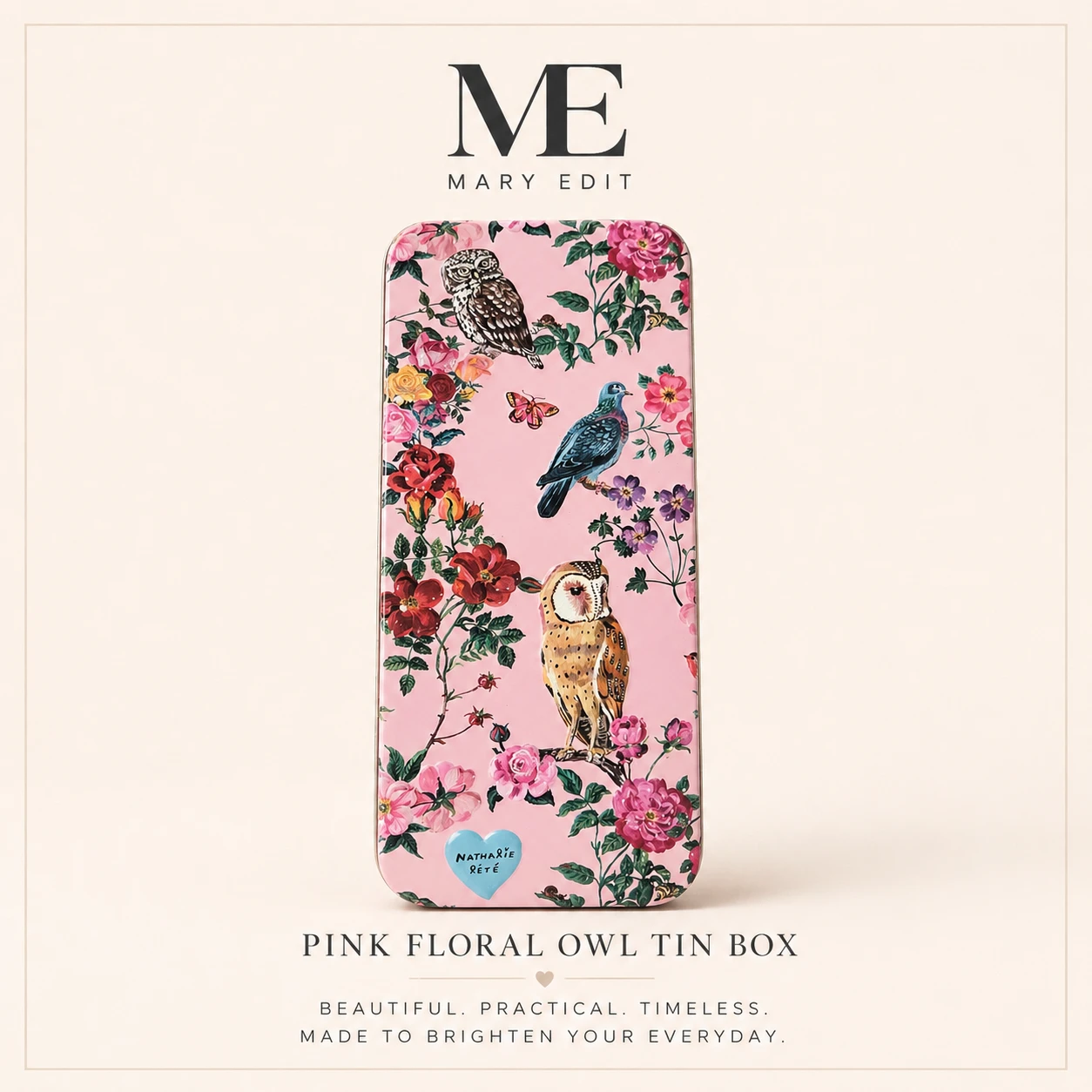 Mary Edit Pink Floral Owl Tin Box