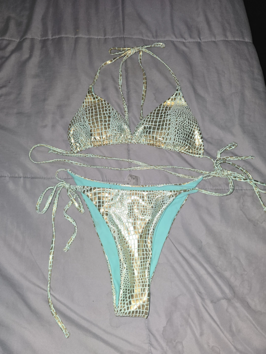 Gold & Teal Crocodile Print String Bikini Set