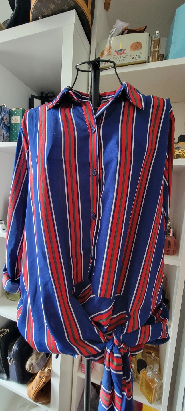 🌱 Blue, Red, and White Striped Button-Up Shirt with Tie Waist - photo 2