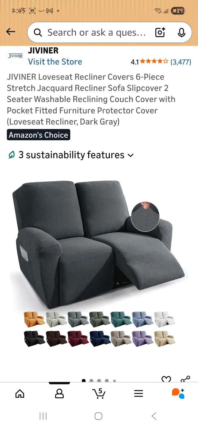 6-Piece Stretch Jacquard Loveseat Recliner Cover - Dark Gray