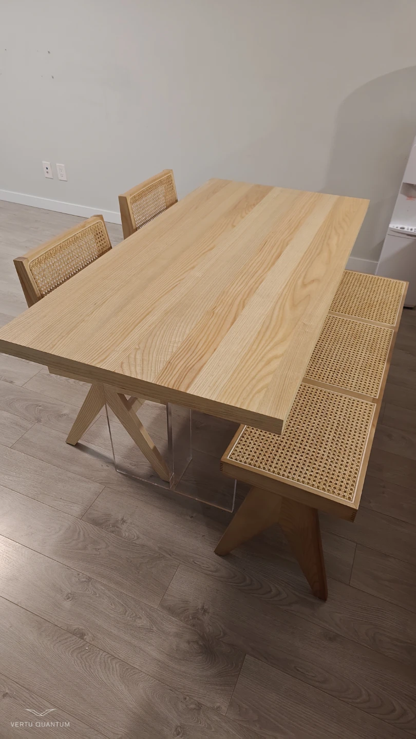 Light Wood Dining Table Set with Cane Chairs and Bench