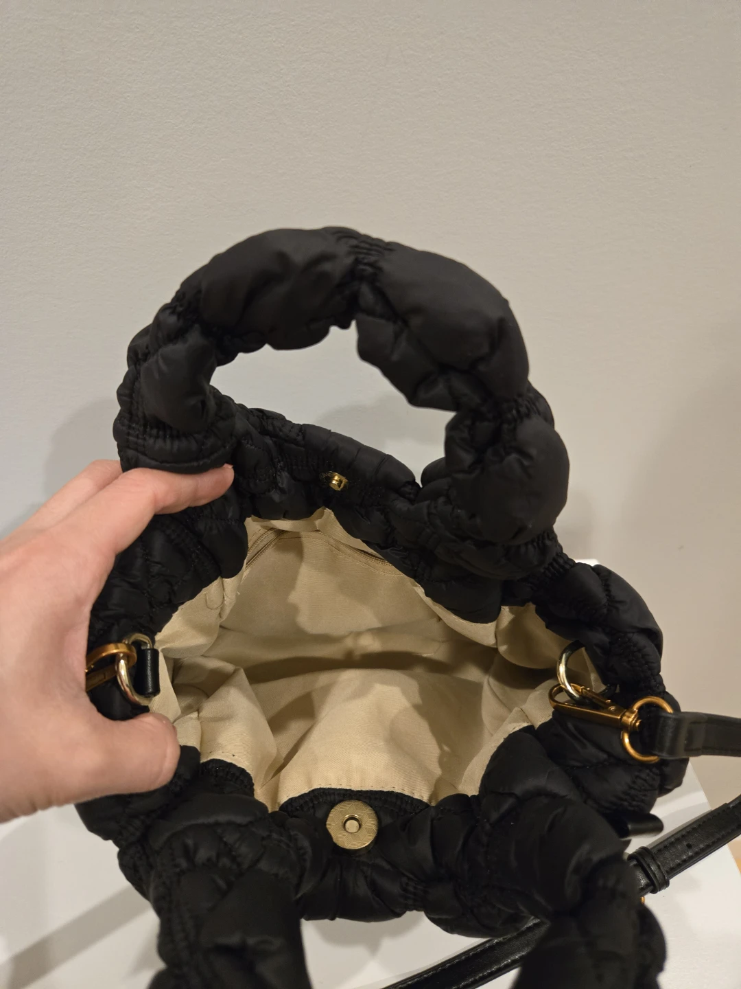 Black Quilted Puffer Tote Crossbody Bag with Gold Bow Accent - photo 2